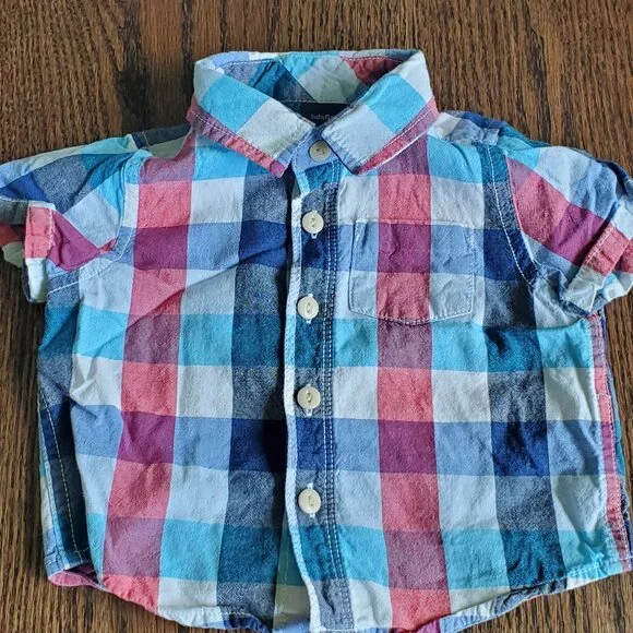 Baby Boy Plaid Button-Up Shirt 6-12M | Short Sleeve Cotton Dress Shirt | - Picture 4 of 4